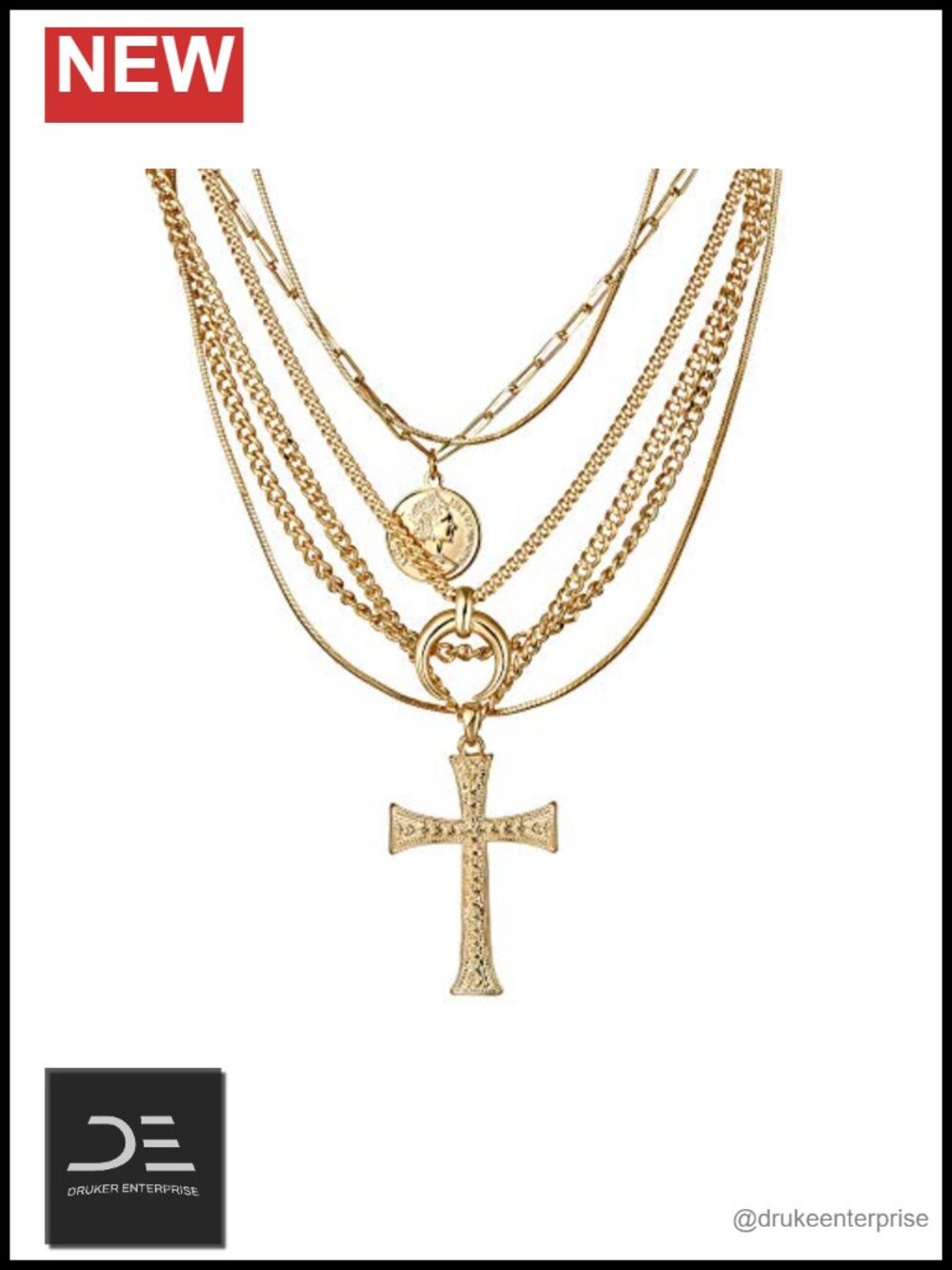 6 Piece Layered Gold Plated Necklace Set with Cross Pendant for Women